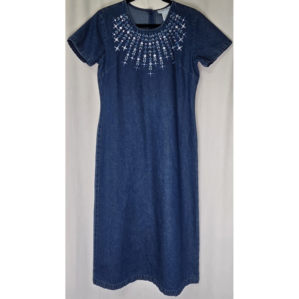 Vtg Sophia Rose Denim Dress Sz 10 Midi Short Sleeve Sheath Embroidered Button Bk